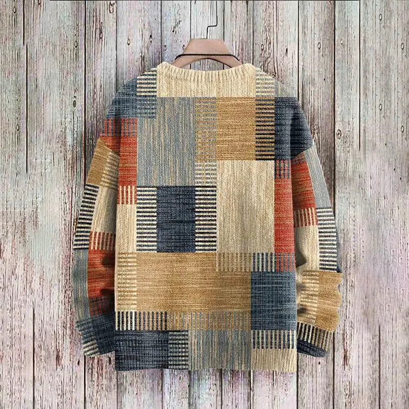 Vintage Geometric Print Crew Neck Casual Sweater