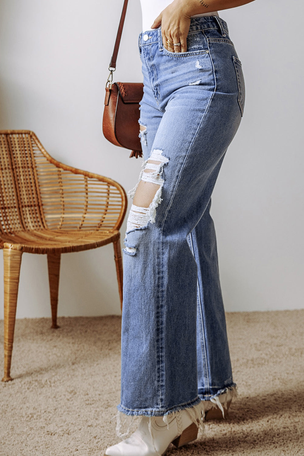 Blue Distressed Raw Hem Straight Leg High Waist Jeans