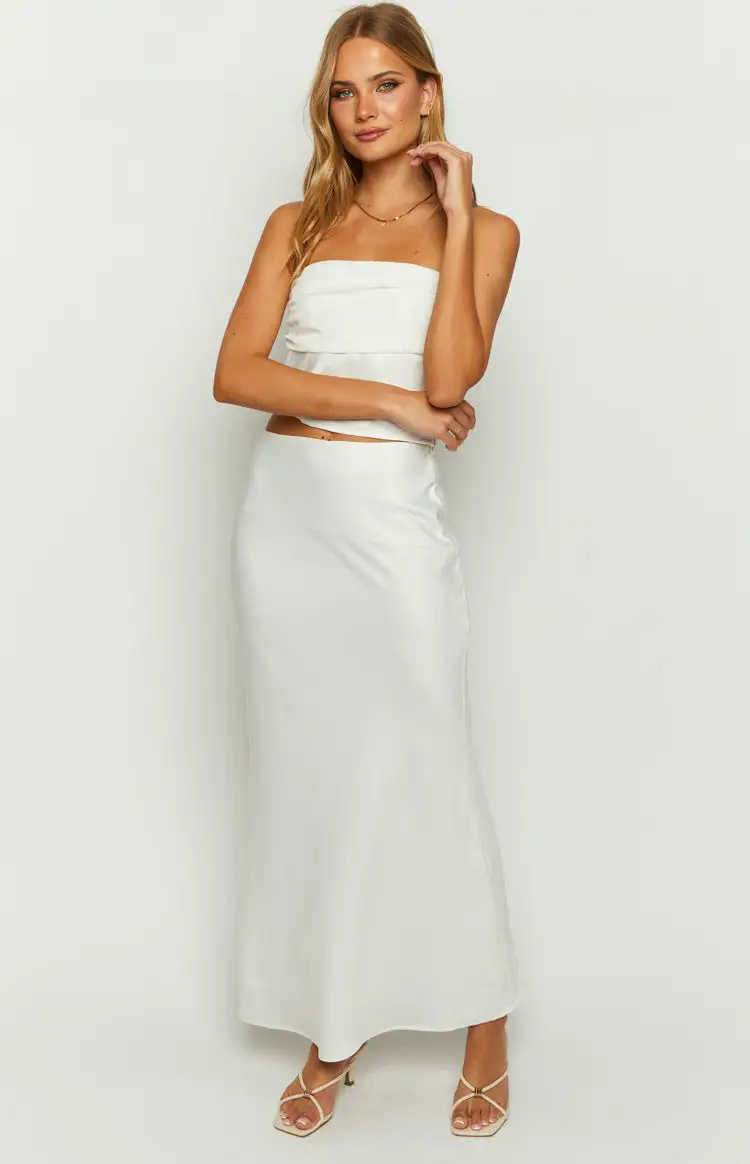 Genevieve White Satin Maxi Skirt