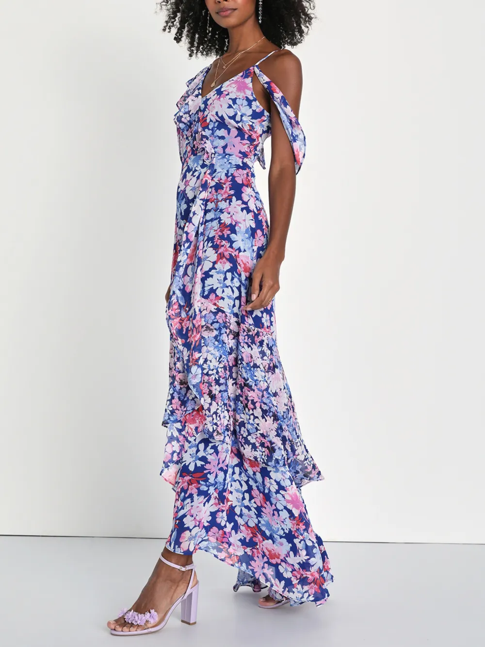 Radiant Ruby Red Floral Print Chiffon Maxi Dress