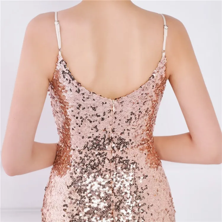 Women Summer Gold Romantic Strap Sleeveless Solid Sequined Mermaid Evening Dress