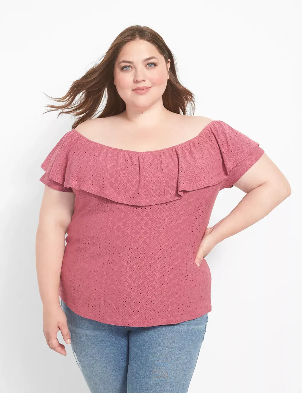 Classic Ruffle Off-The-Shoulder Eyelet Knit Top