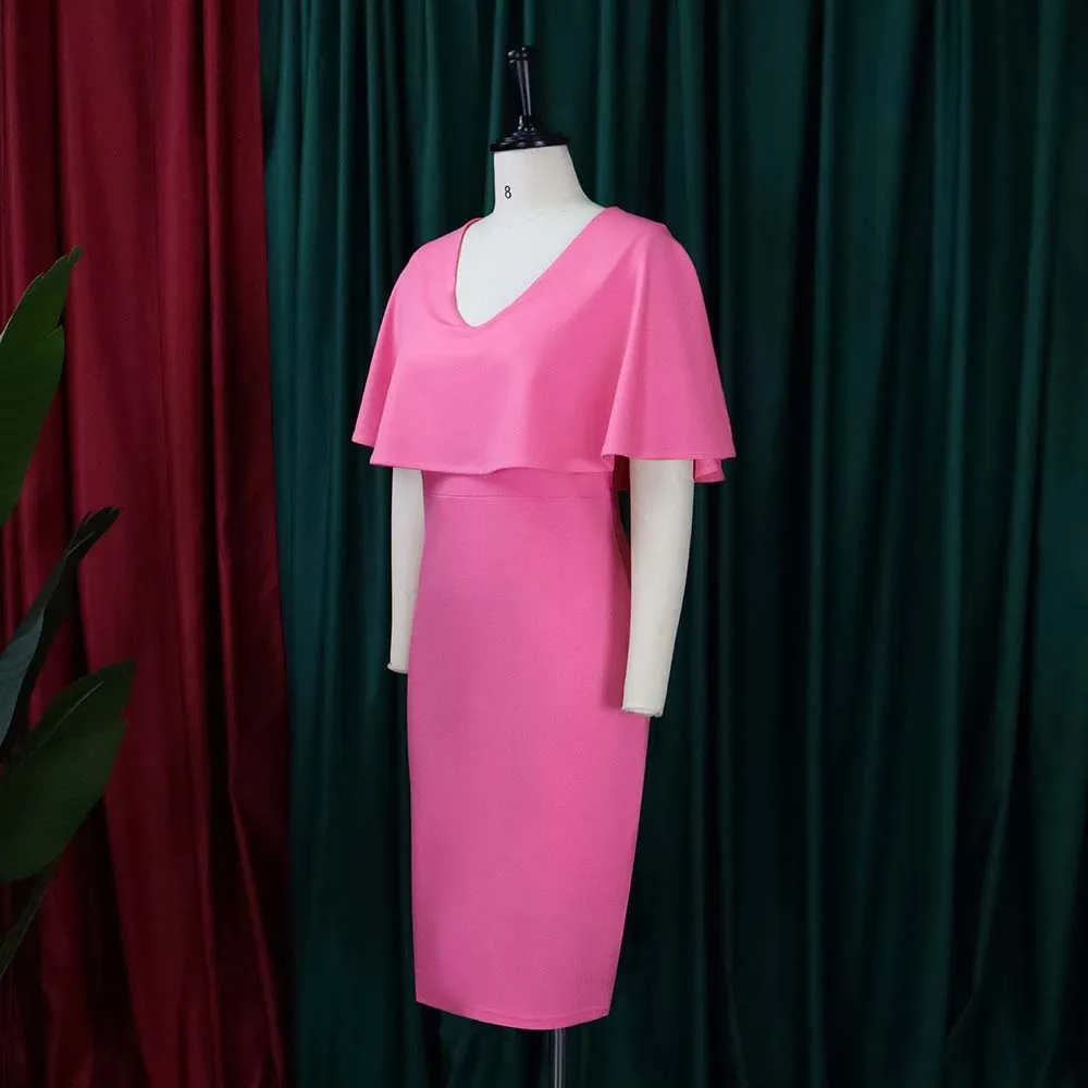 Women Summer Pink Formal V-neck Cape Sleeve Solid Midi Sheath Office Dress