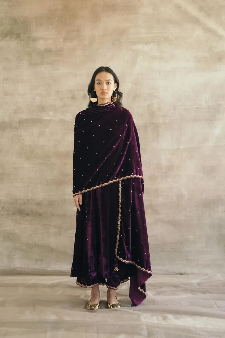 Plum Kalidaar Silk Velvet Kurta Set