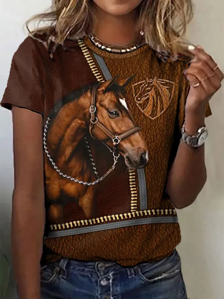 Women'S Retro Horse Print Horse Lovers Casual T-Shirt