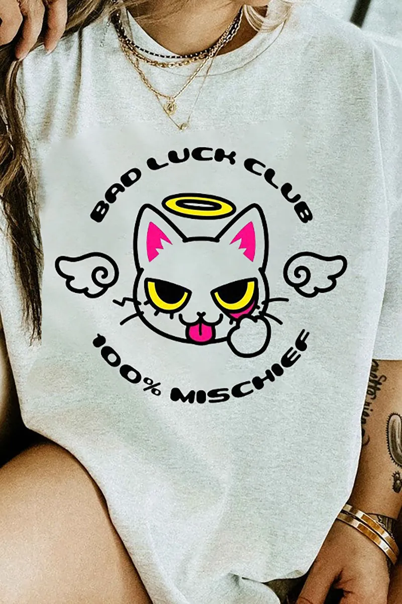 Women's Cartoon Cat Letter Printed T-shirt