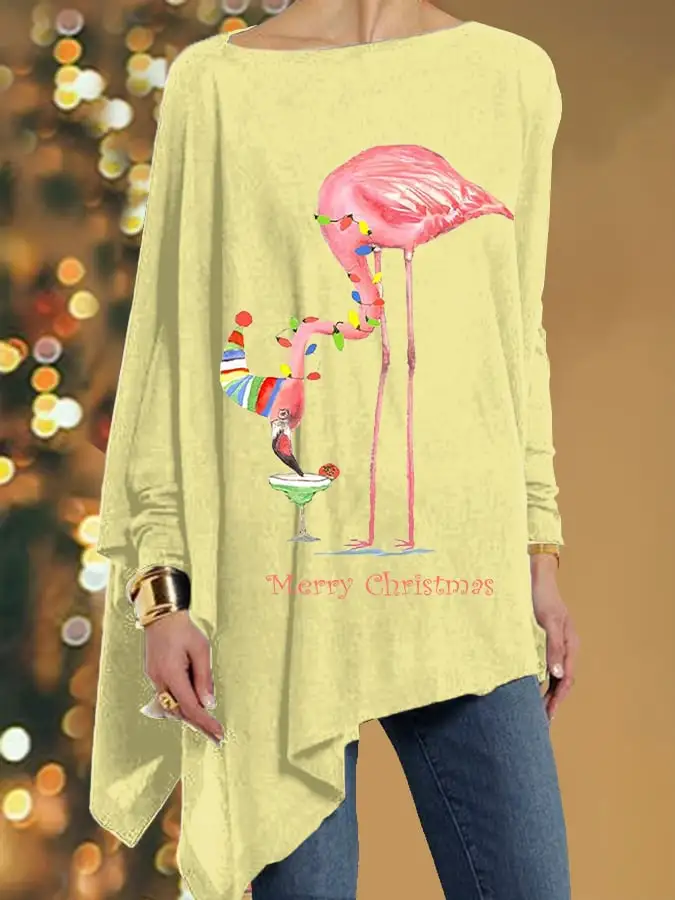 Women's Merry   Flamingo Print Irregular Top