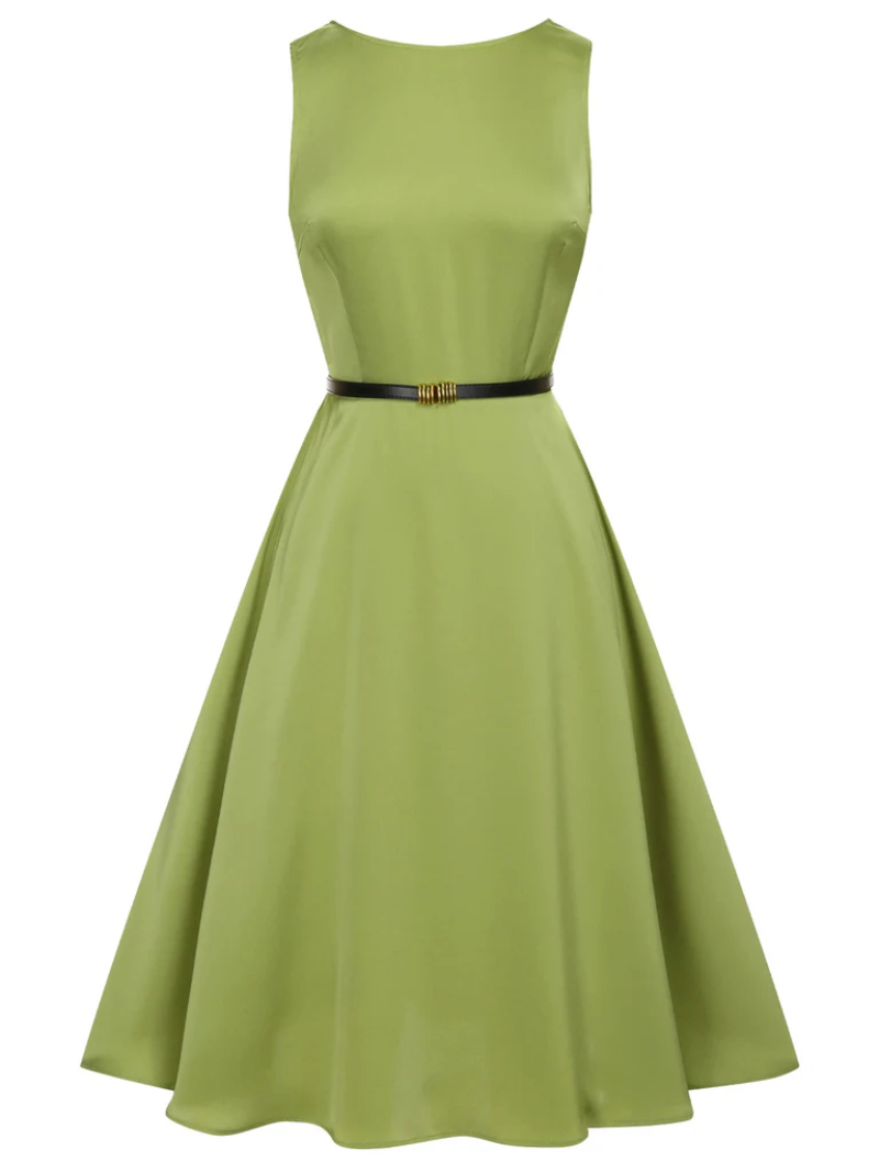 GREEN 1950S BOAT NECK SLEEVELESS BELT DRESS