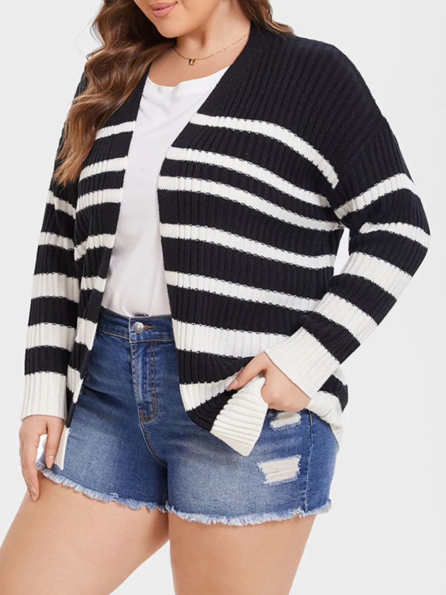 Striped Pattern Drop Shoulder Open Front Cardigan