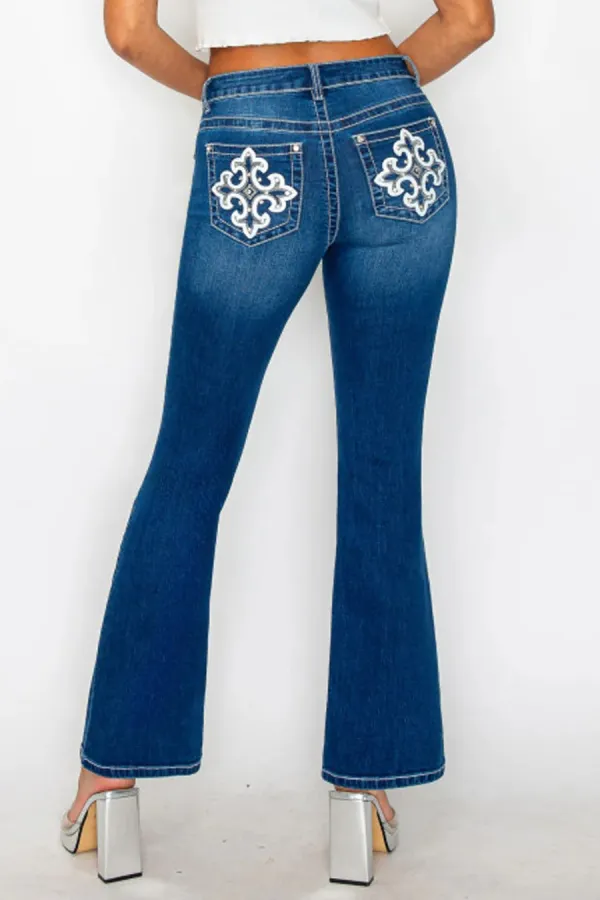 WAXJEAN Y2K Rhinestone & Embroidered Patch Pocket Bootcut Jean With Great Stretch