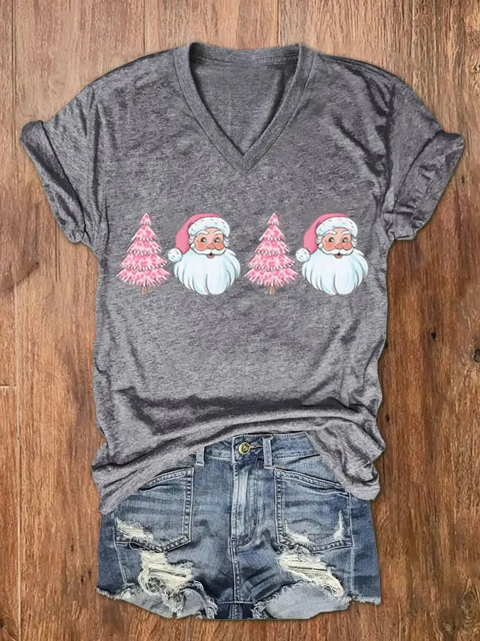 Women's Santa   Tree Print V-Neck Short Sleeve T-Shirt