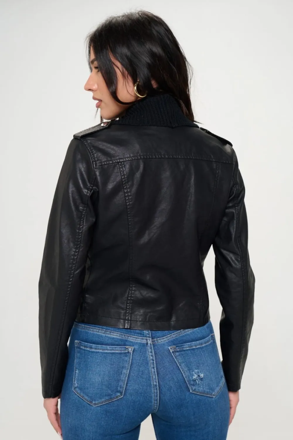 Faux-Leather Jacket with Knit Collar