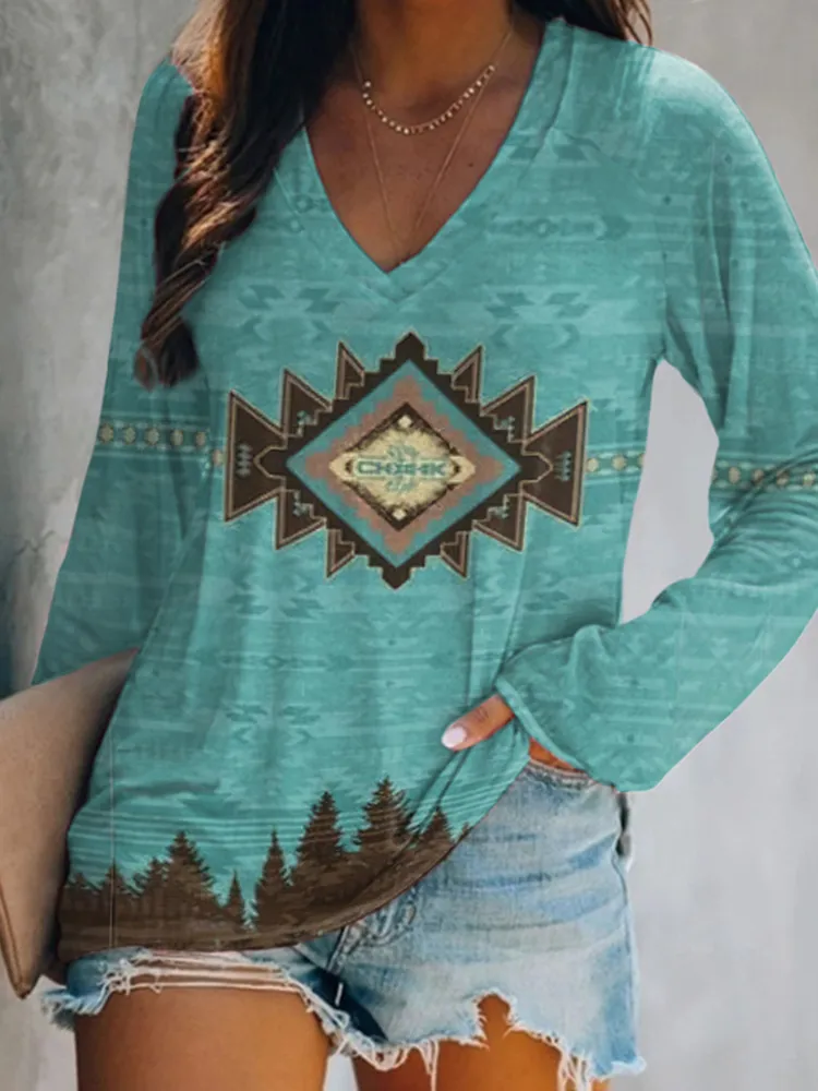 Western Print Long Sleeve Casual T-Shirt