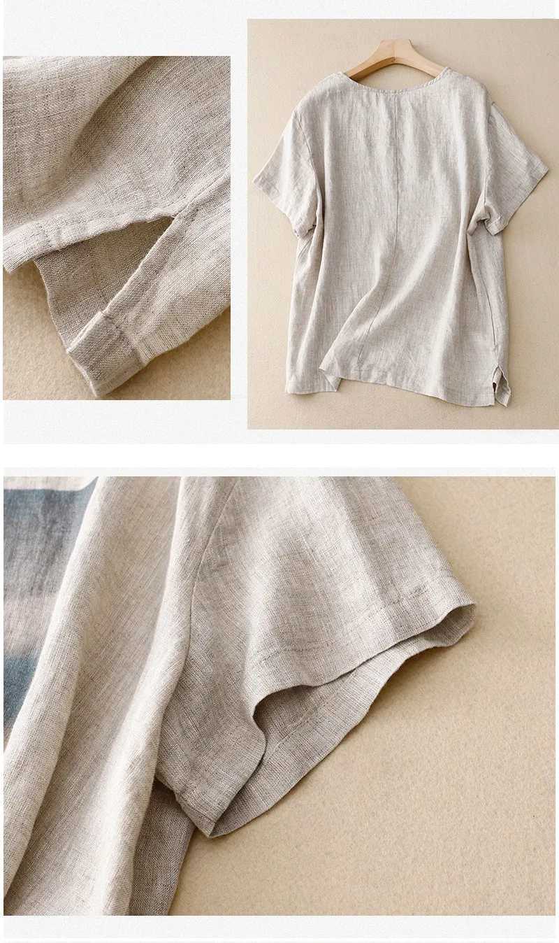 Vintage print cotton and linen T-shirt