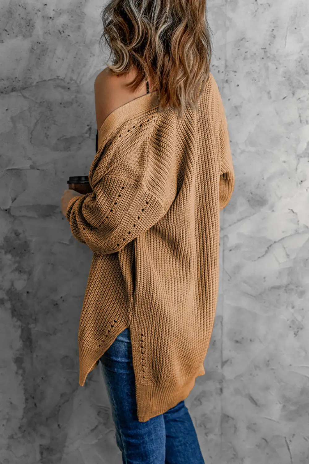 Drop Sleeve Cable Knit Cardigan With Slits