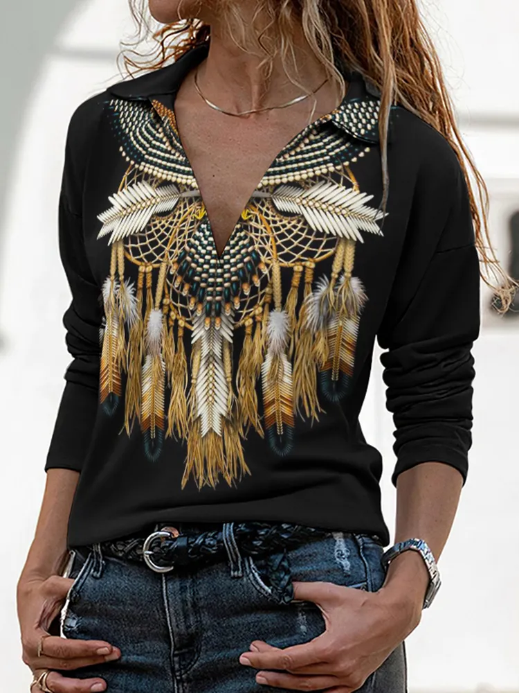 Western Tribal Print Long Sleeve T-Shirt