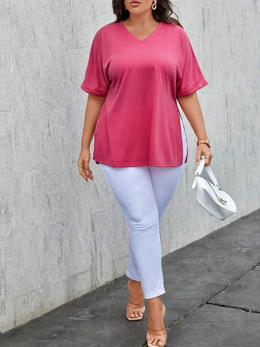 V Neck Cuffed Dolman Sleeve Split Hem Tee