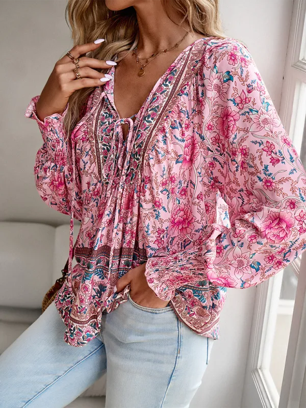 New casual printed v-neck long-sleeved top