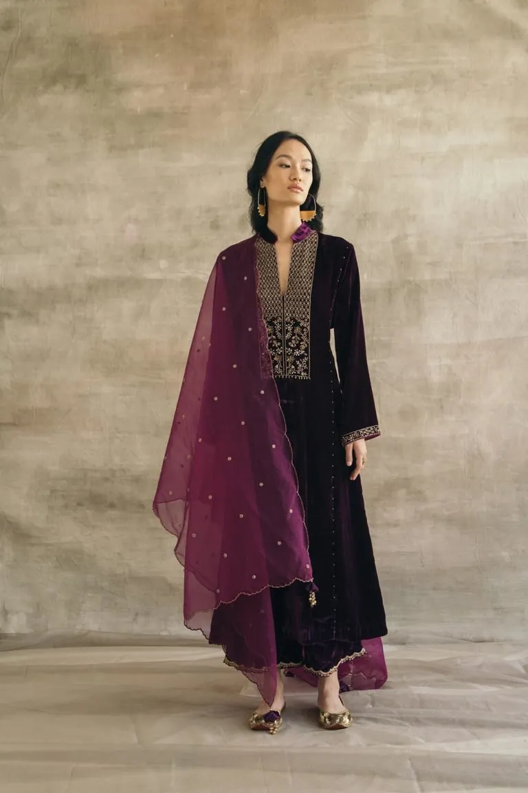 Plum Kalidaar Silk Velvet Kurta Set