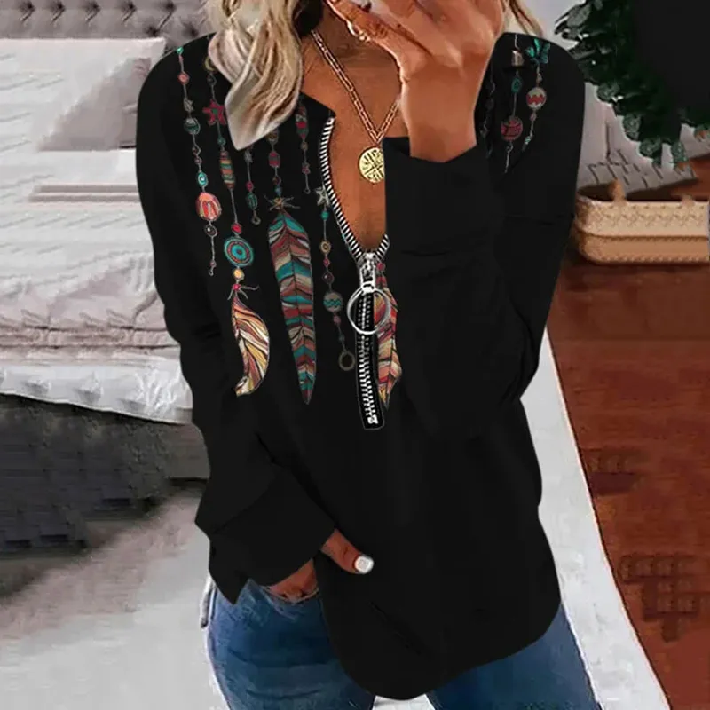 Western Tribal Feather Print V Neck Zipper Long Sleeve Sweatshirt