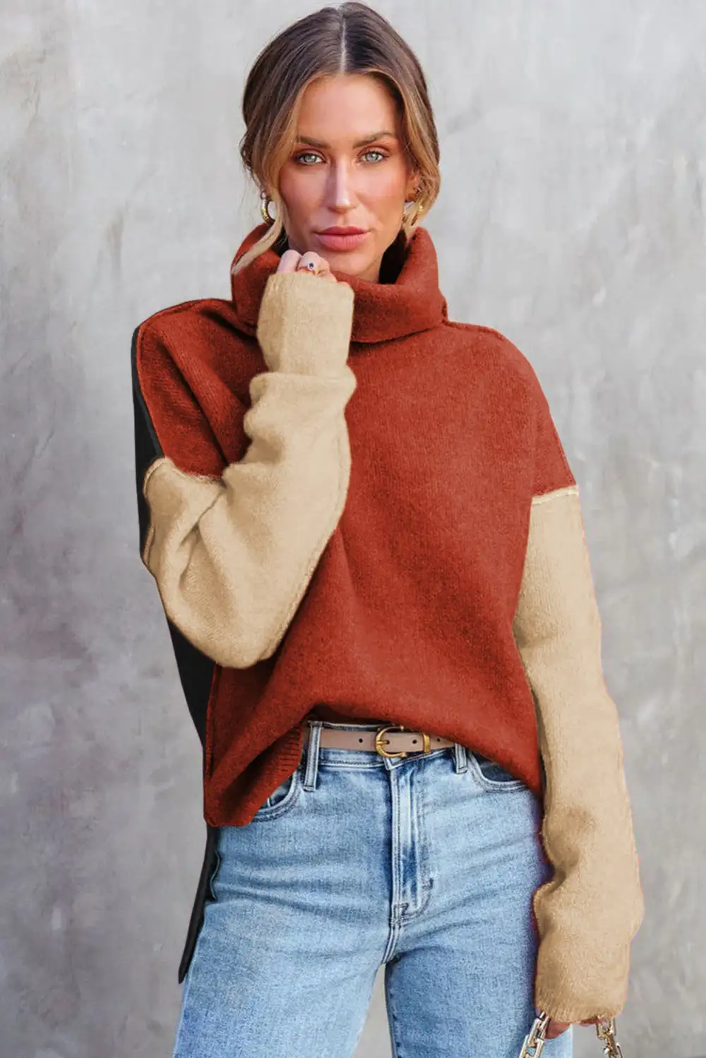 Color Block Turtle Neck Drop Shoulder Knit Sweater