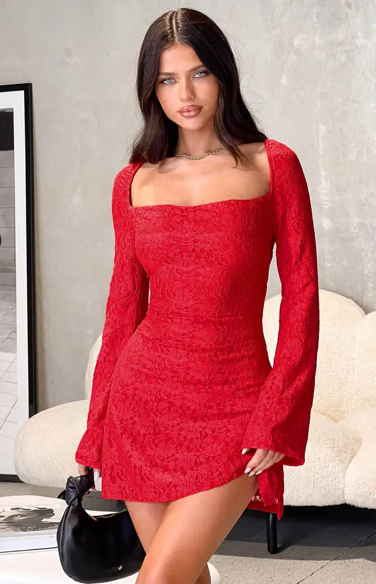 Marienne Red Lace Long Sleeve Mini Dress