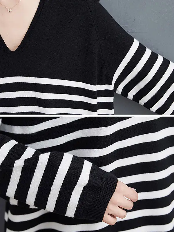 Artistic Retro Casual Loose Striped V-Neck Long Sleeves Knitted Sweater