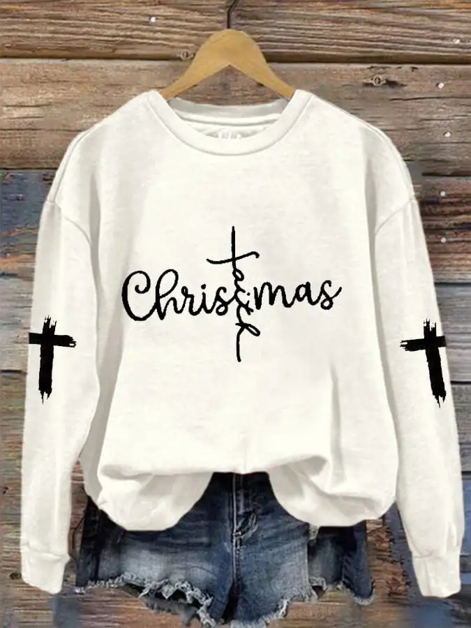 Women's Christmas Faith CRoss Print Crew Neck Sweatshirt