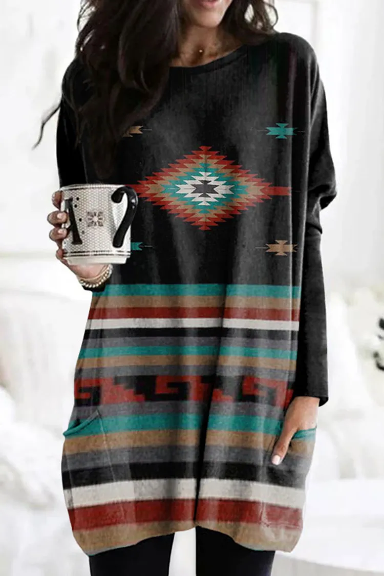 Vintage Totem Print Long Sleeve Tunic