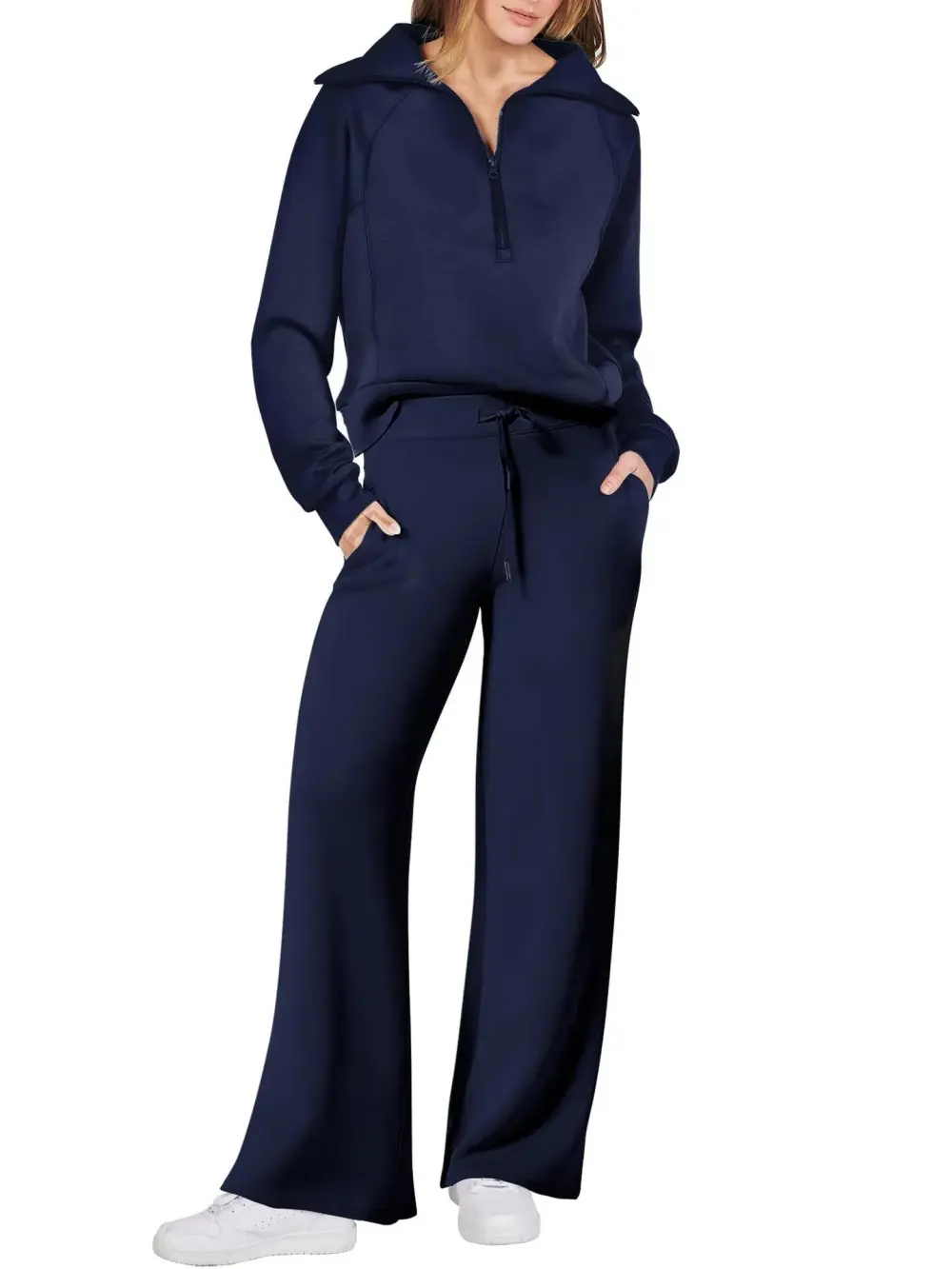 2 Piece Sweatsuit Set Navy Collar Half Zip Suit