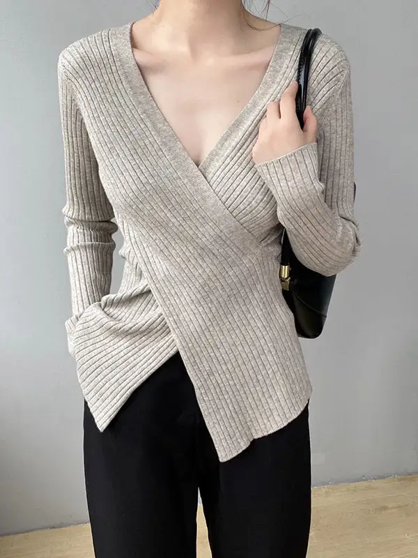 Chic Simple 5 Colors Split-Front V-Neck Long Sleeves Knitted Sweater Tops