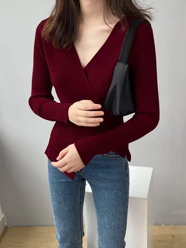 Chic Simple 5 Colors Split-Front V-Neck Long Sleeves Knitted Sweater Tops