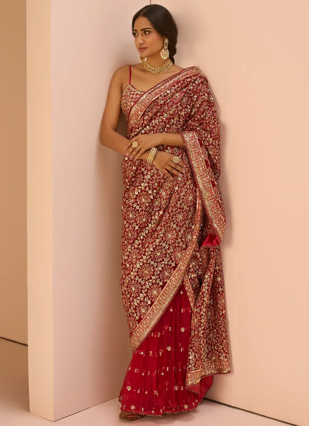 Red Embroidered Gharara Saree