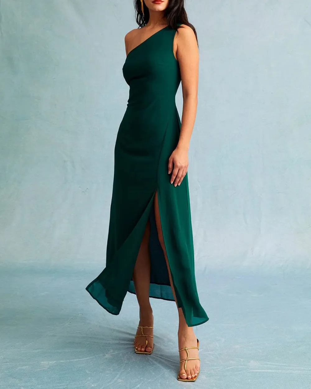 Dark green slash neckline dress