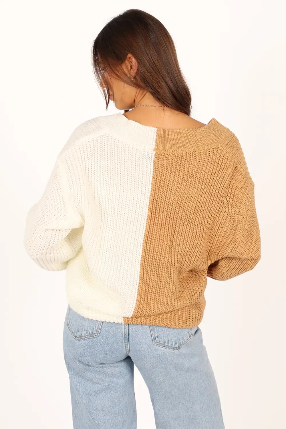 Victoria Two Tone Vneck Knit Sweater - Beige Multi