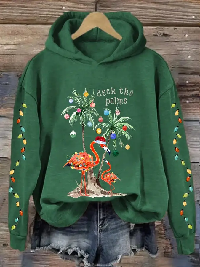 Women's Christmas Deck The Palms Print Hooded Sweatshirt