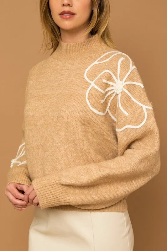 Flower Embroidered Mock Neck Sweater