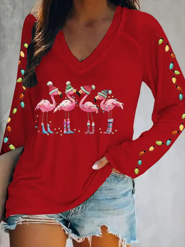 Women's Christmas Flamingo Print V-Neck T-Shirt