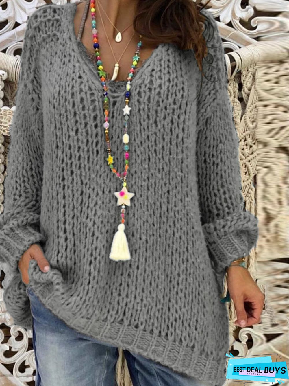 Plus Size Light Gray Basic Knitted Shirts & Tops