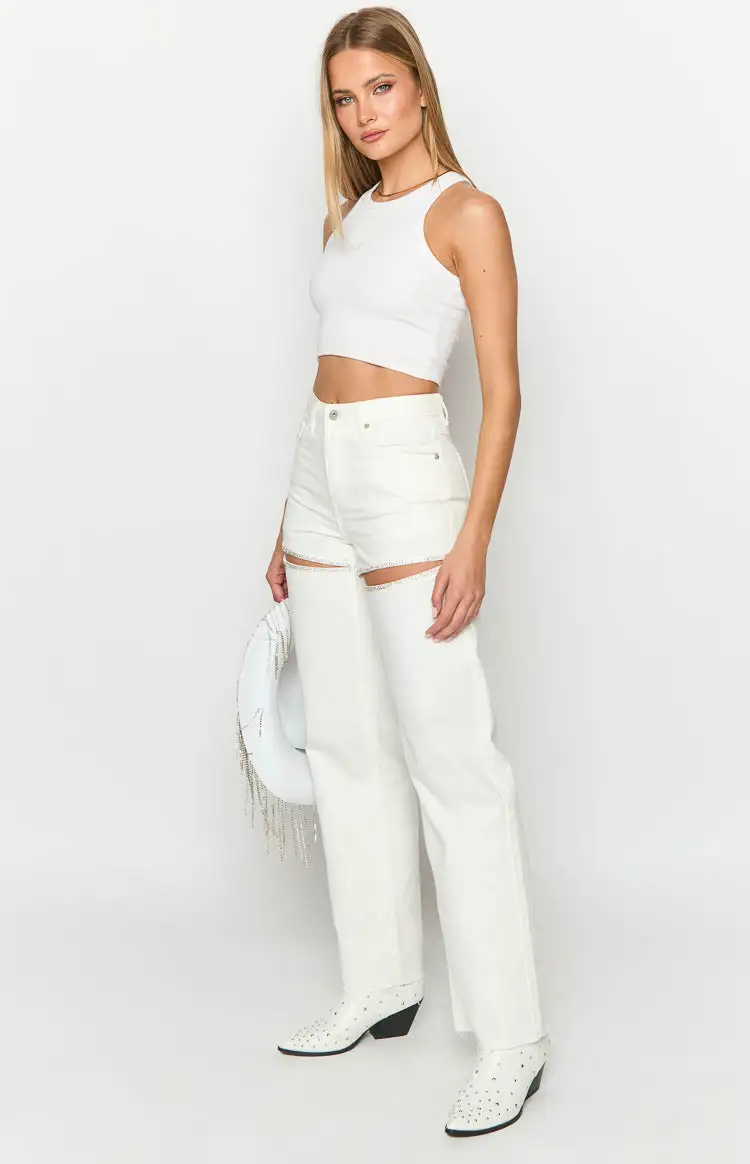 Gem Diamante Trim Wide Leg White Denim Jeans