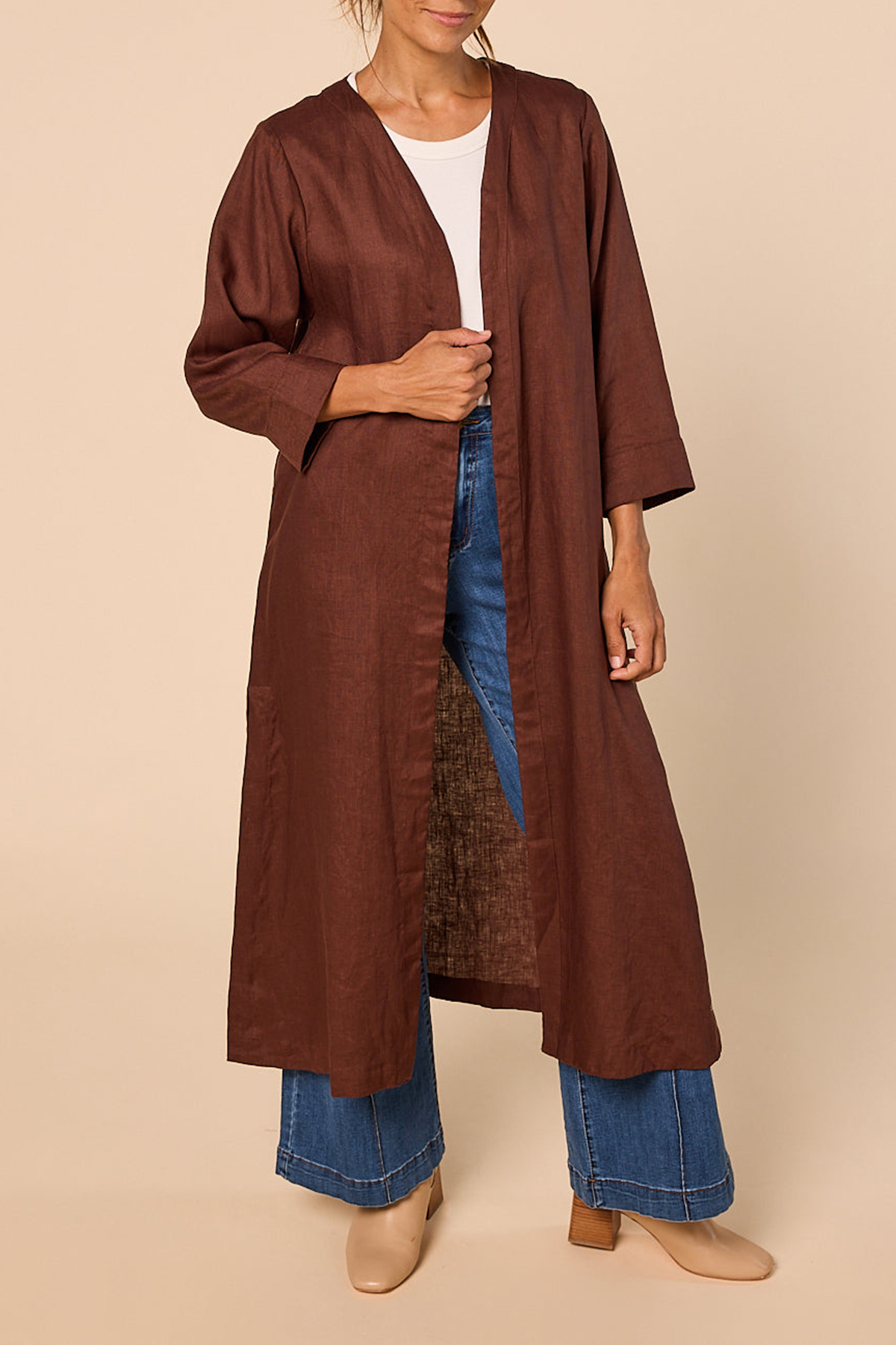 Long Line Linen Duster Jacket In Raisin