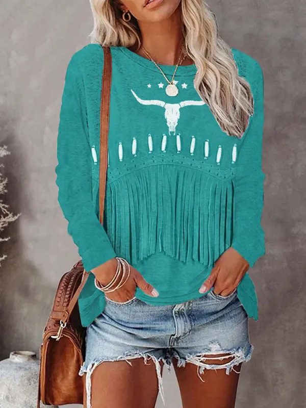 Vintage Western Fringe & Bull Skull Art Long Sleeve T Shirt