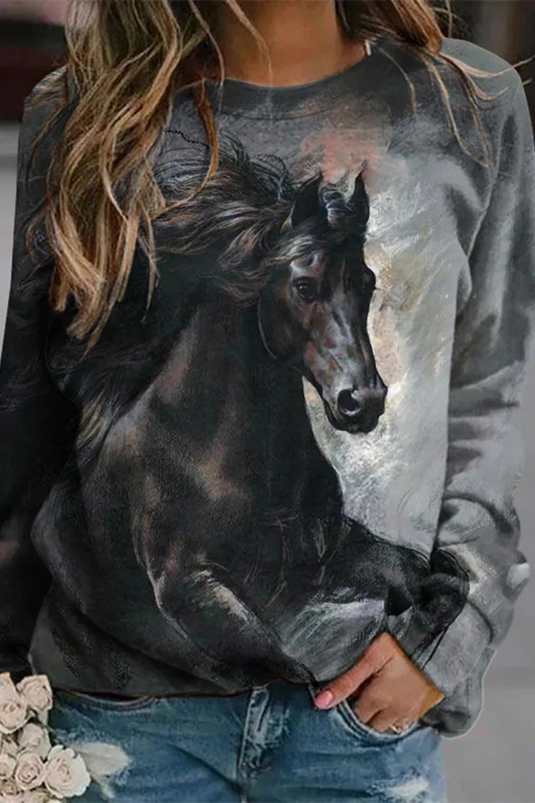 Western Horse Print Crew Neck Long Sleeve Sweatshirt