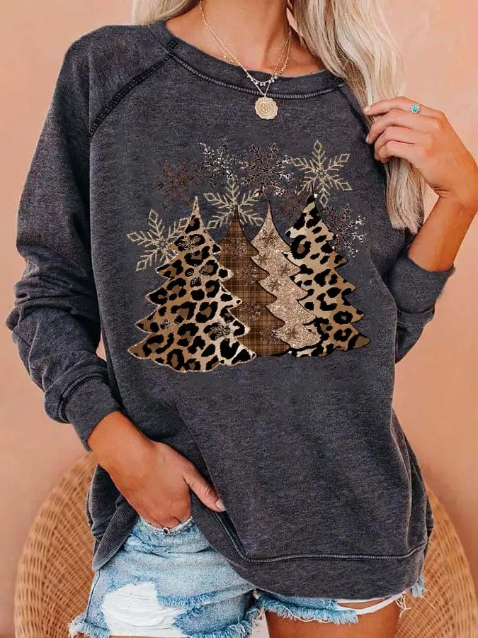 Women's Leopard   Tree Print Casual Crewneck Sweatshirt