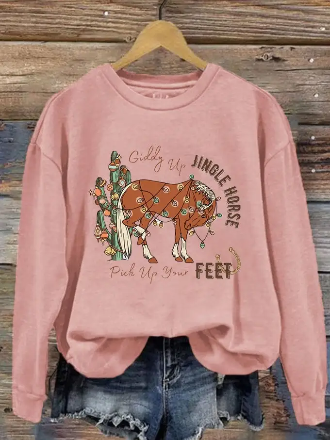 Women's Giddy Up Jingle Horse Pick Up Your Feet Printed Sweatshirt