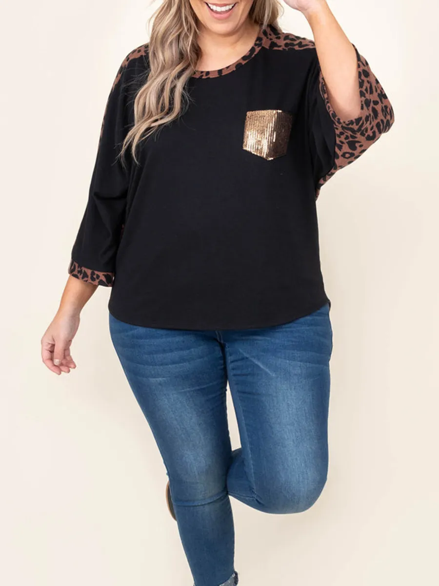 Spliced leopard patch pocket sequin T-shirt