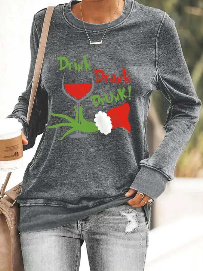 Women's Funny Christmas Drink Drank Drunk Red Wine Glass Casual Sweatshirt