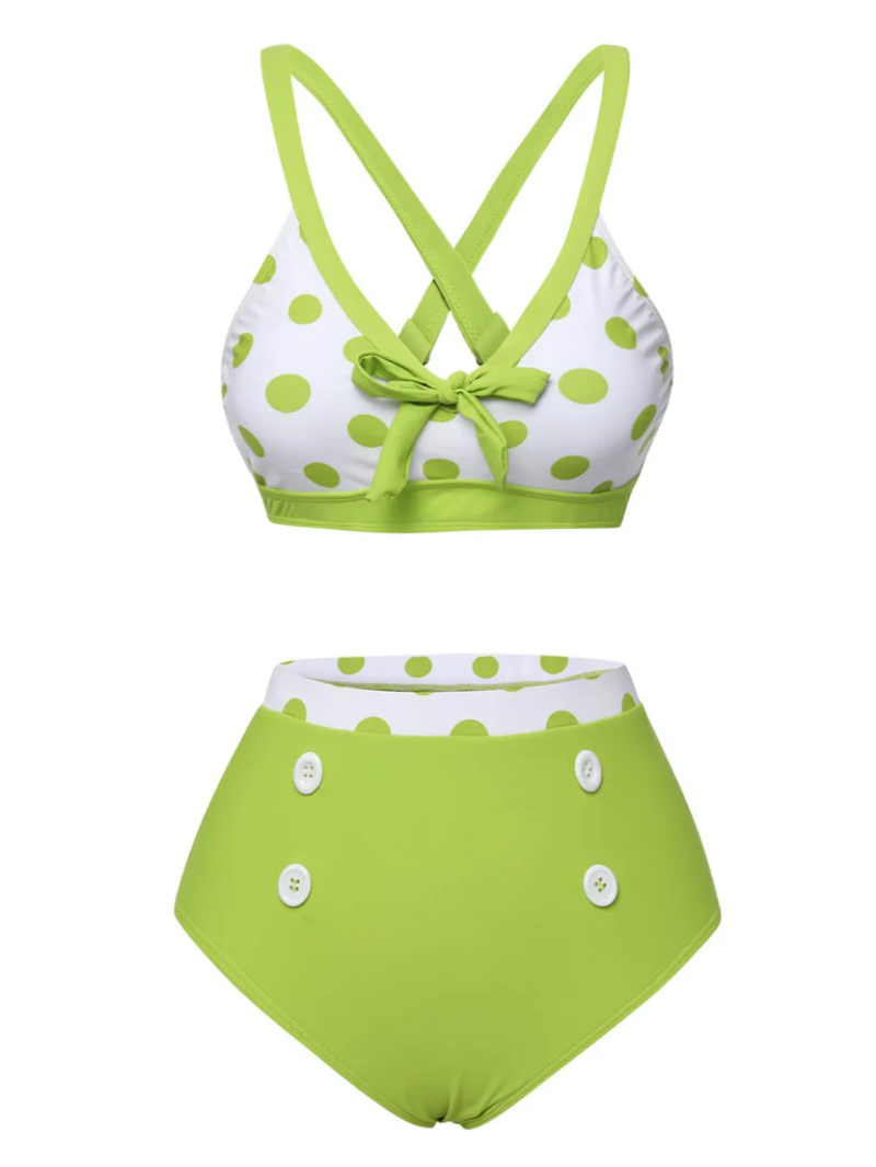 GREEN 1950S POLKA DOT V-NECK SWIMSUIT