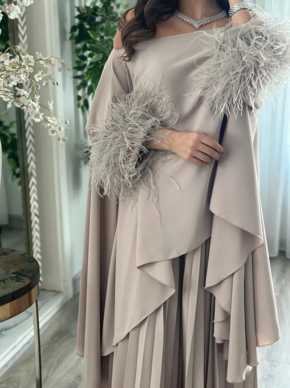 Off The Shoulder Feather Sleeve Shawl and Pleated Dress