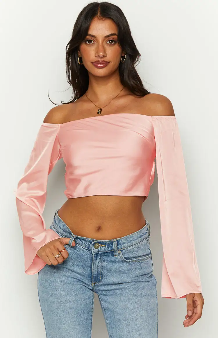 Darcie Pink Satin Long Sleeve Top